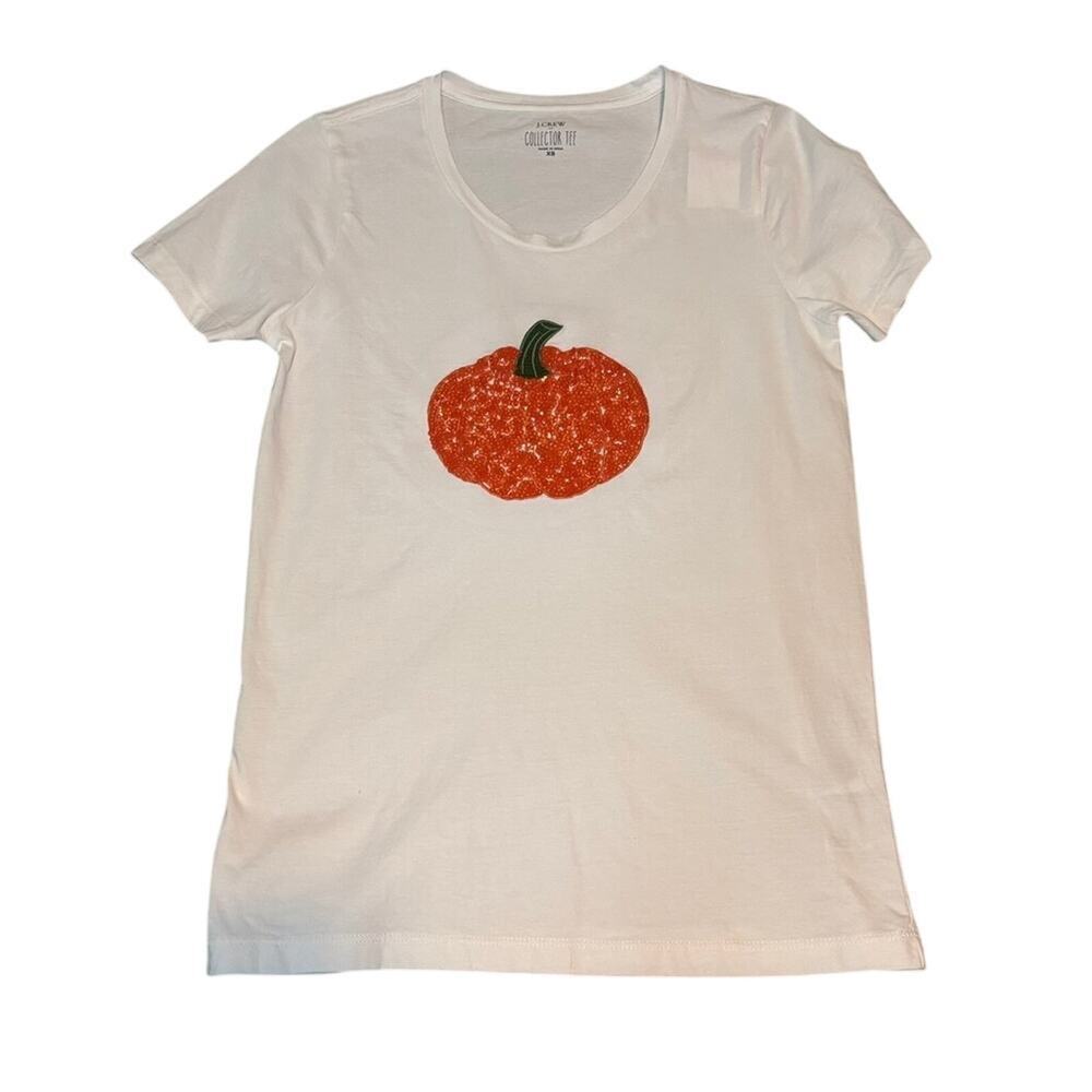 NWT J.Crew Factory Pumpkin Sequin Graphic Tee XS White Cotton Halloween